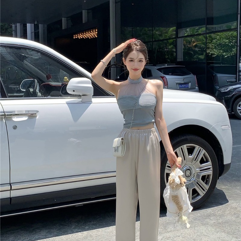 Suhao Baru Pinggang Tinggi Celana Lebar Kaki Celana Kasual Mahasiswa Musim Panas Satin Slim Lurus Celana Panjang Kecil Wanita Menggantungkan Retro