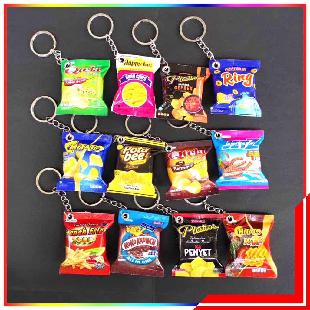 6 pcs Gantungan Miniatur Snack Jajanan Unik Lucu Paling Murah / Gantungan Replika Miniatur Makanan Kemasan Mungil / Souvenir Paket 6 pcs Gantungan Kunci Miniatur