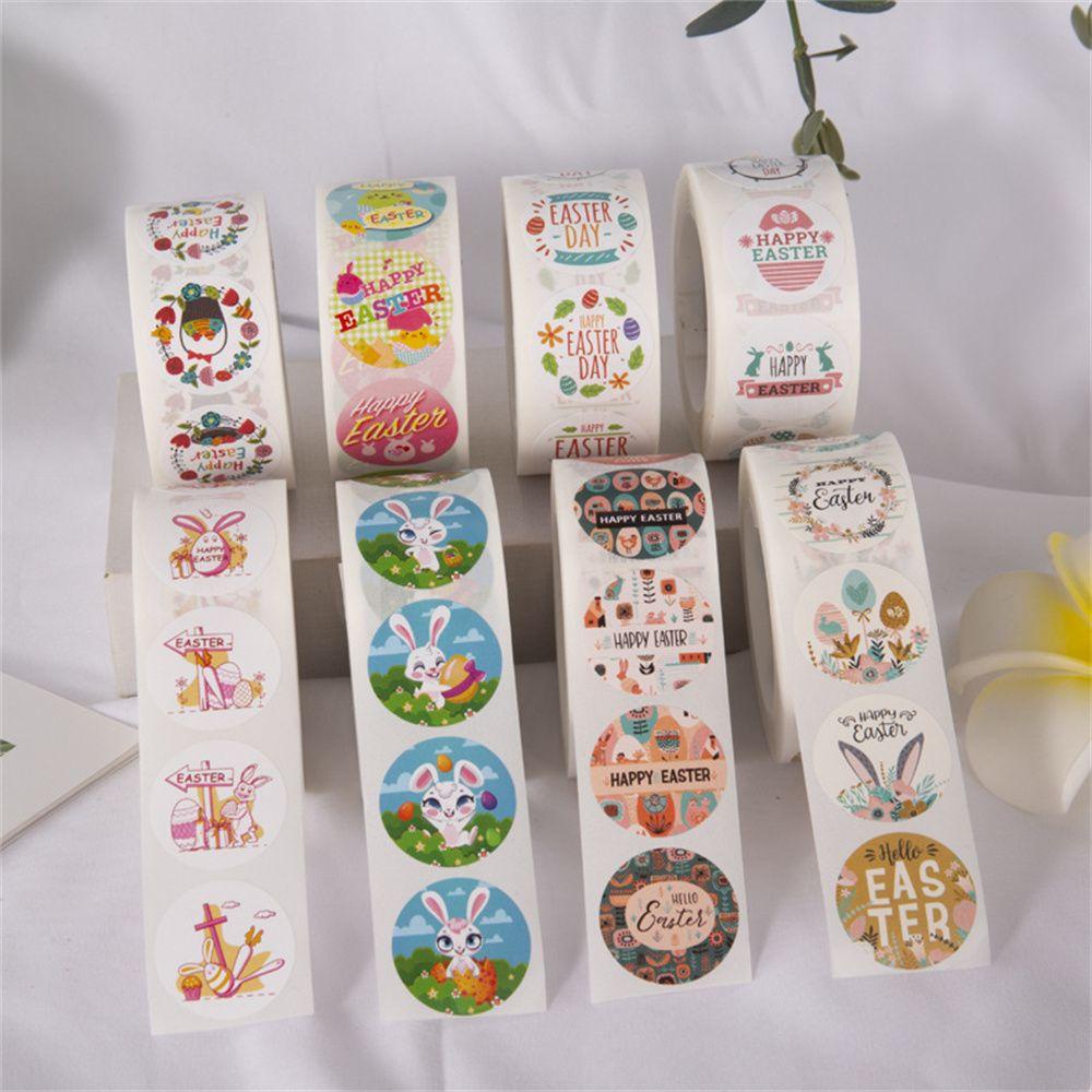 Solighter 500pcs/roll Stiker Paskah Gift Box Stationery Kelinci Lucu Happy Easter Bunny Stiker Hias