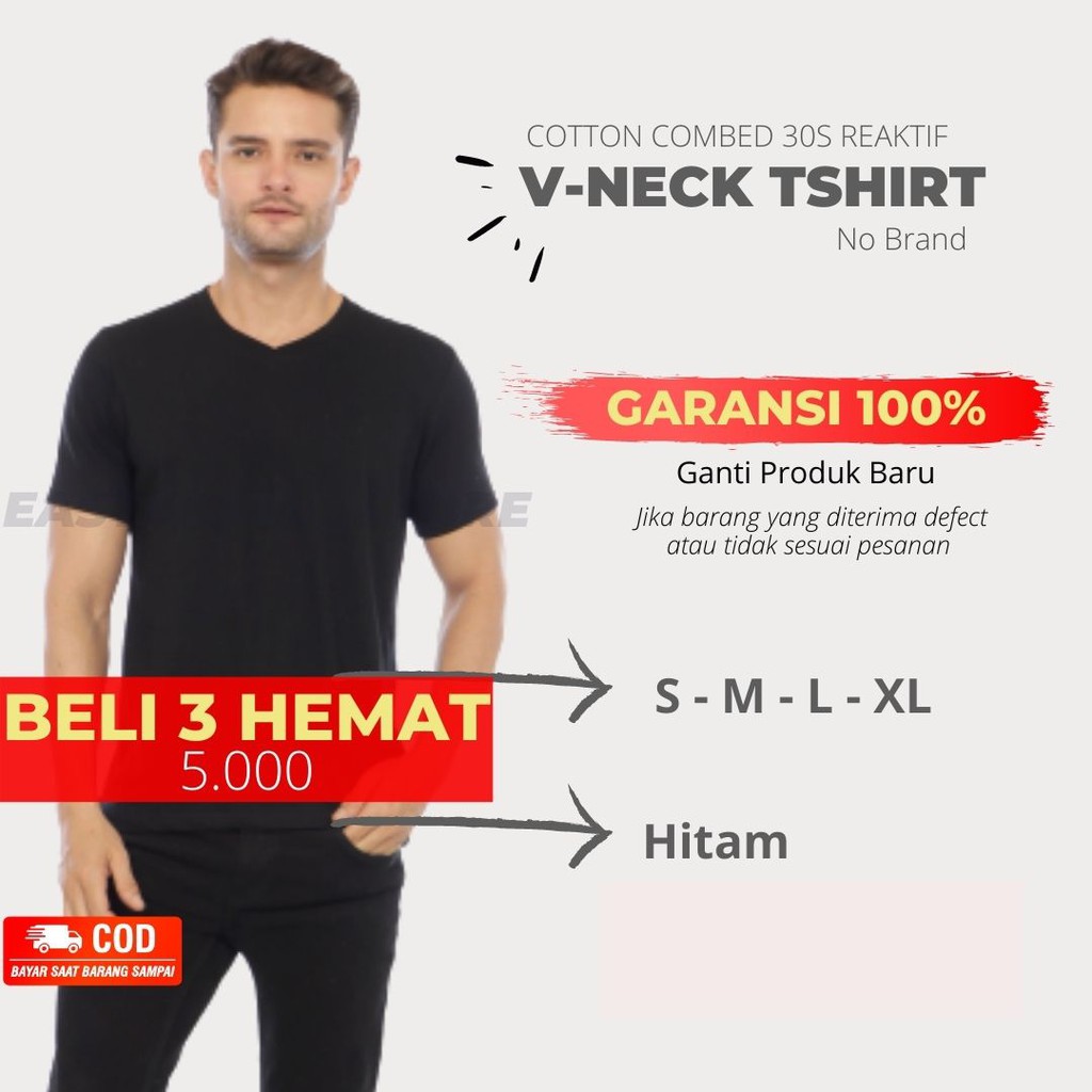 kaos polos v neck pria lengan pendek cotton combed 30s baju oblong distro keren warna hitam