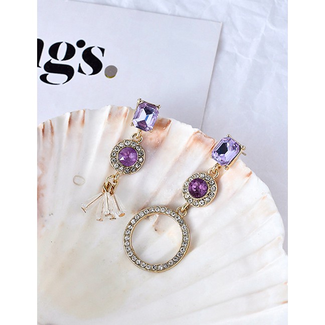 LRC Anting Tusuk Fashion Purple Pearl Crystal Fringed Rhinestone Earrings D06097