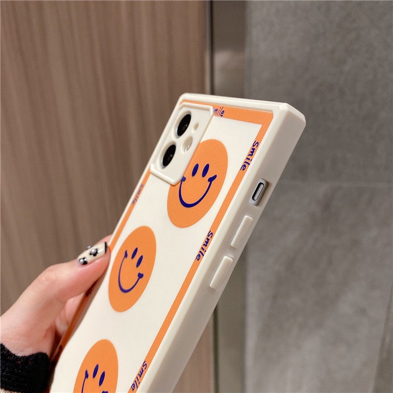 Casing Ponsel untuk iPhone 7 8 Plus SE 2020 11 12 Pro Max Silikon Square Orange Smiley Kartun Casing Ponsel untuk iPhone XR Xsmax Casing Tahan Guncangan grrt