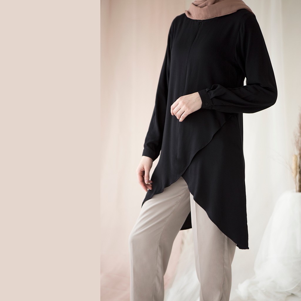 Karuna by Aska Label - Tunik wanita panjang rayon lengan panjang busui friendly dengan hem tulip