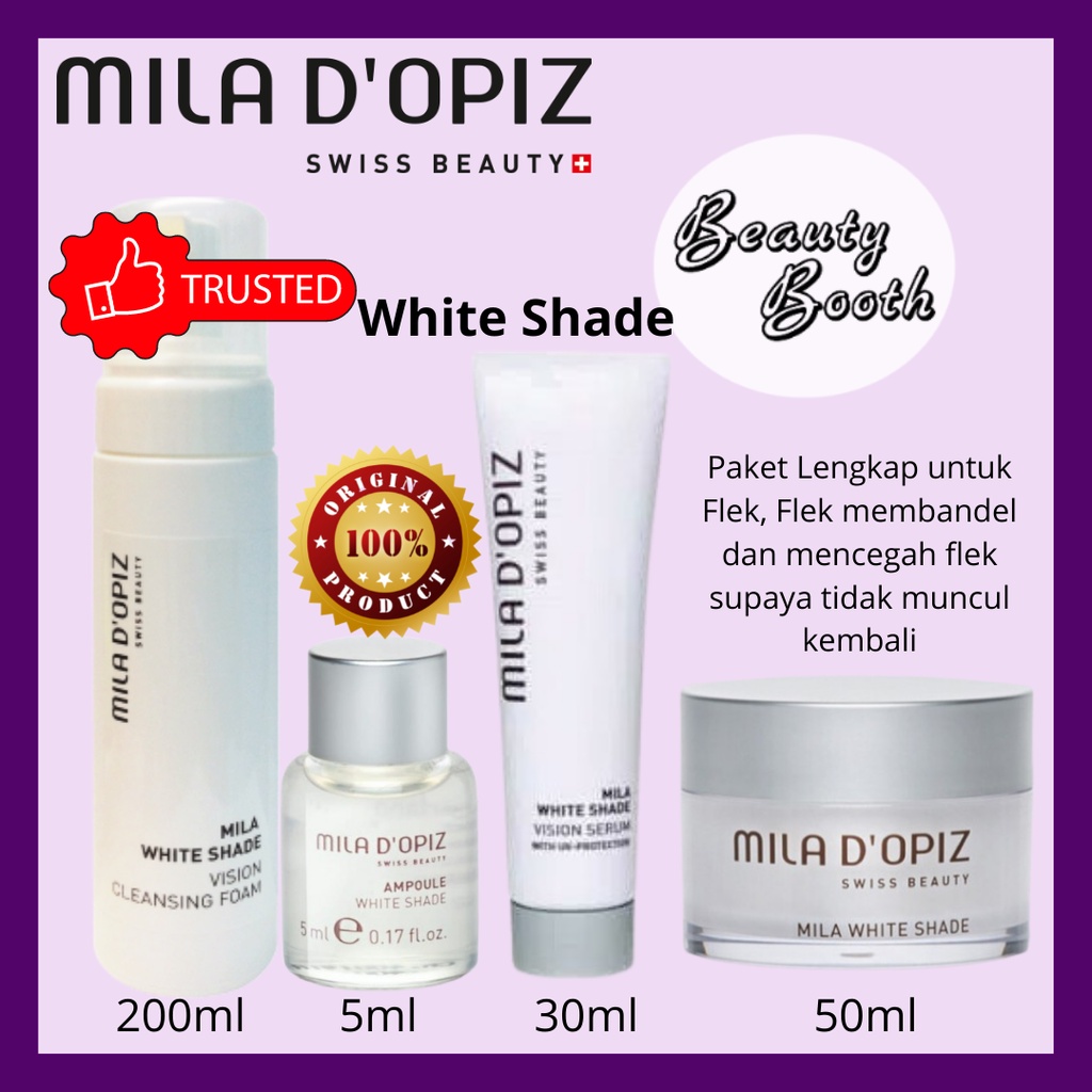 MILADOPIZ White Shade LENGKAP MILA D’OPIZ PAKET FLEK ( Foam 200ml, Ampoule 5ml, Vision Serum 30ml, Cream 50ml )