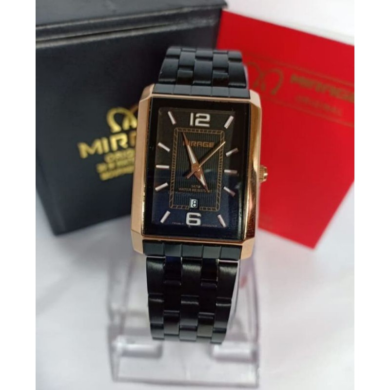 jam tangan pria;MIRAGE segi hitam rosegold~ORIGINAL WATER RESISTANT~TGL~STAINLESS