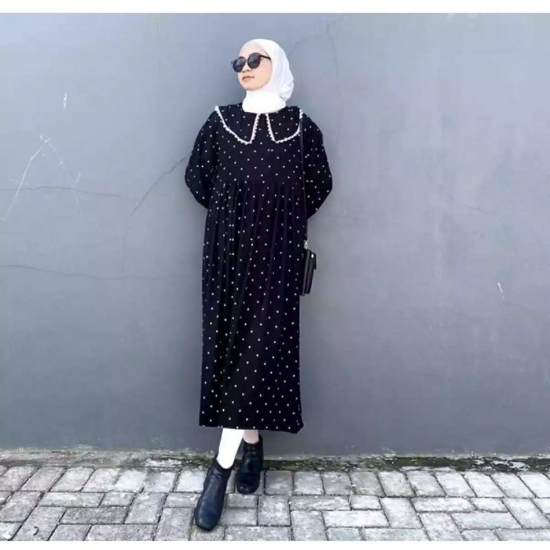 MIDI BAHAN KATUN POLKA KERAH KOREA | DRESS BUSUI MOTIF POLKADOT KERAH RENDA | GAMIS TOTOL
