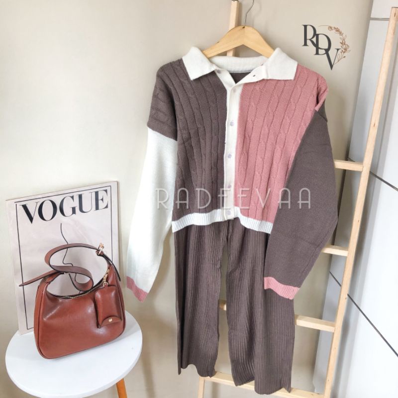 ONE SET RAJUT THREE TONE DAILY CARDIGAN DAN CELANA KULOT RAJUT