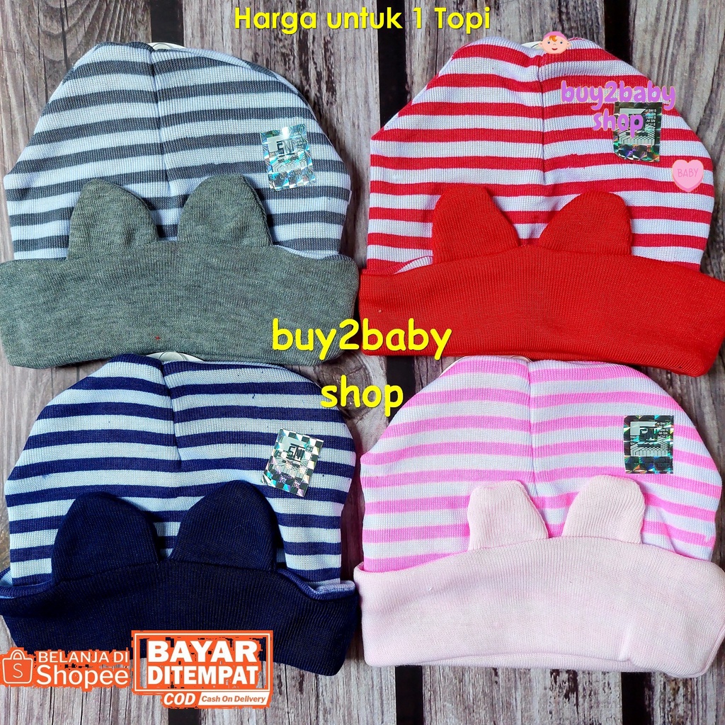 Topi kupluk bayi motif salur &amp; fruit warna karakter NIA 0-3 Bulan 1 PCS