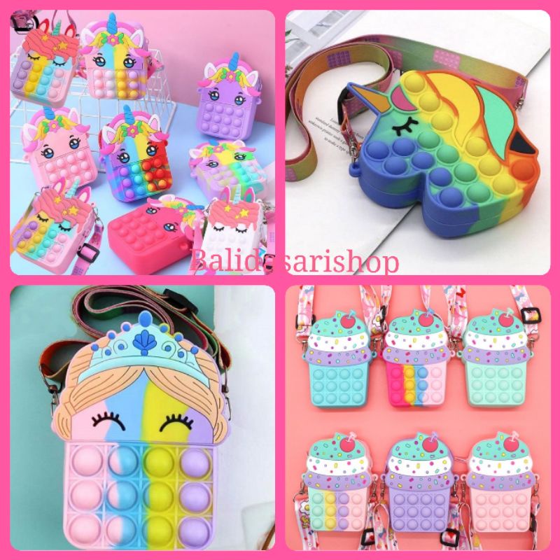 Tas Slempang Anak Sling Bag Pop It Mini Dompet Popit Rainbow Unicorn selempang popid pop id lagi vir