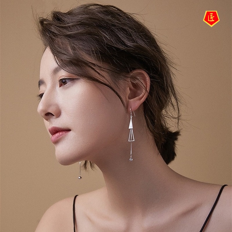 [Ready Stock]Geometric Earrings Women's Elegant Long Silver Simple All-Match