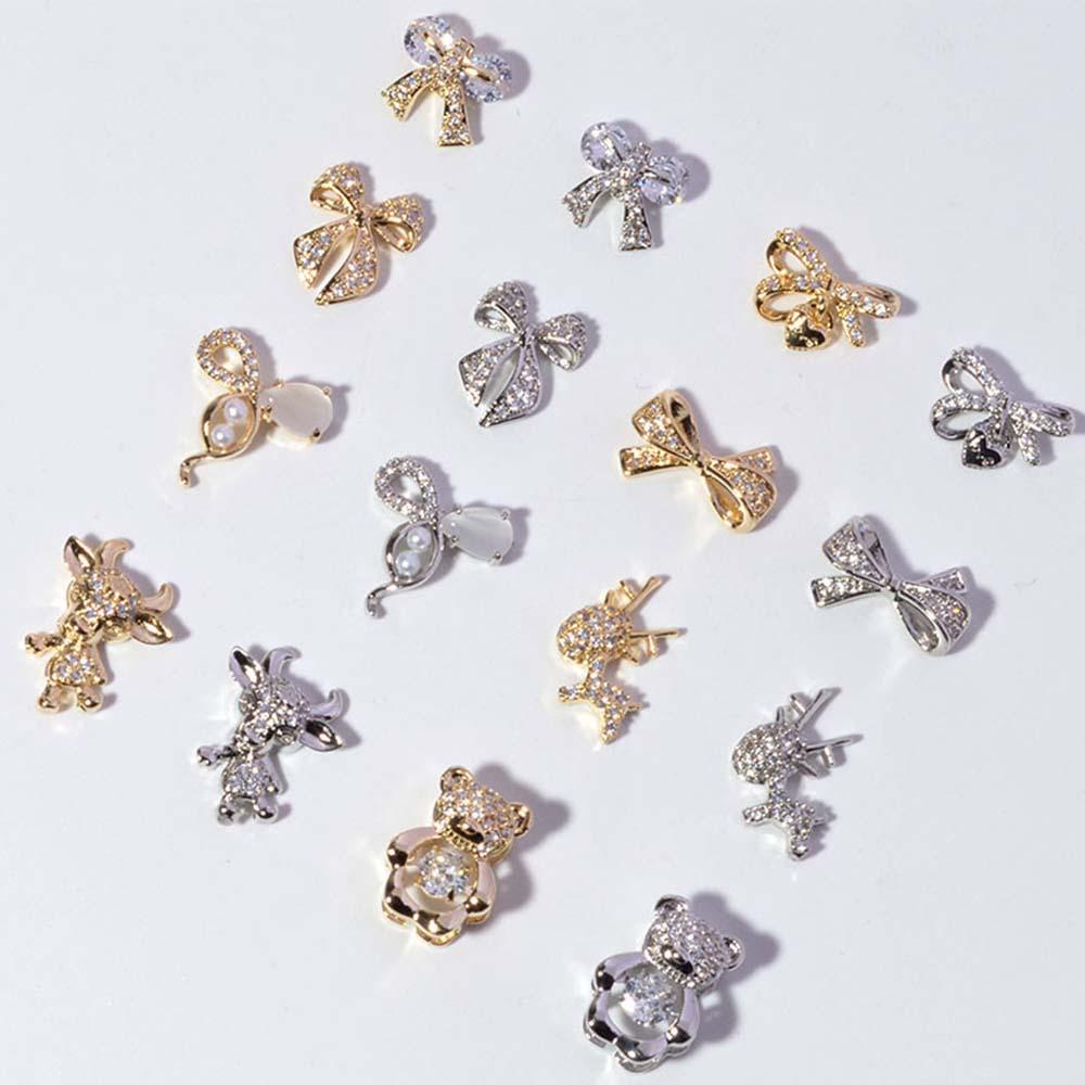 AUGUSTINA Agustina 3D Kuku Zirkon Mode Shiny Charms Bow Knot Beating Heart Bear Deer Nail Art Dekorasi