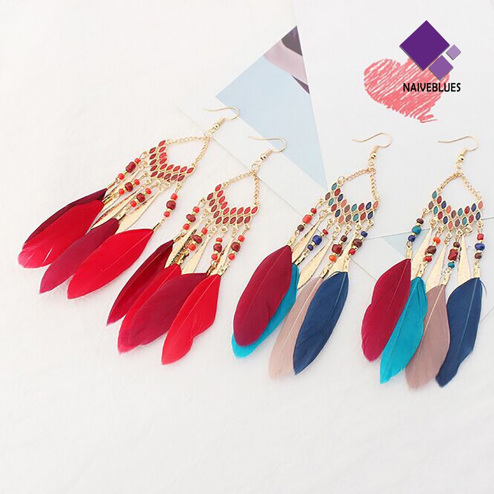 Anting Kait Gantung Panjang Desain Bulu Gaya Vintage Boho Untuk Wanita