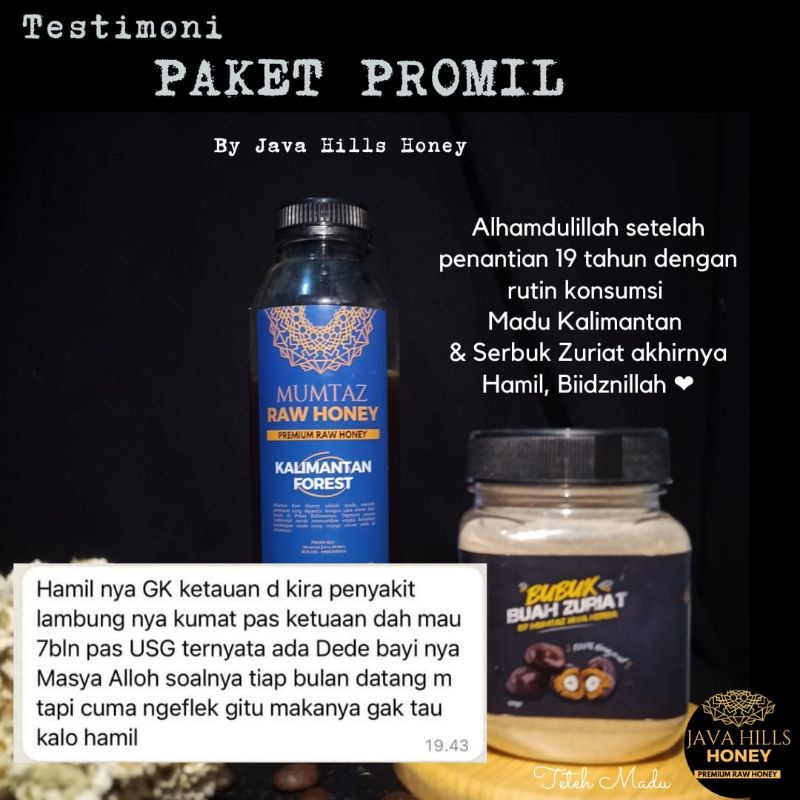 

paket promil premium lengkap madu murni 100%+ bubuk zuriat promil: zuriat 60gr+ madu kalimantan forest 500gr