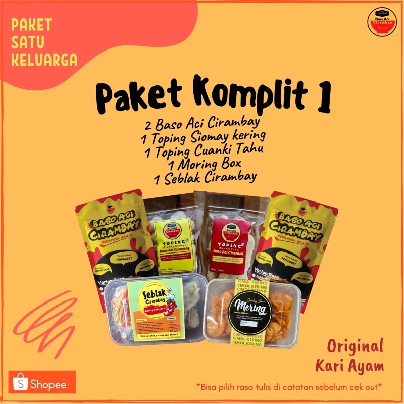 

Paket Komplit 1 (isi paket : 2 Baso aci cirambay,1 toping siomay,1 toping cuanki,1 seblak,1 moring box)