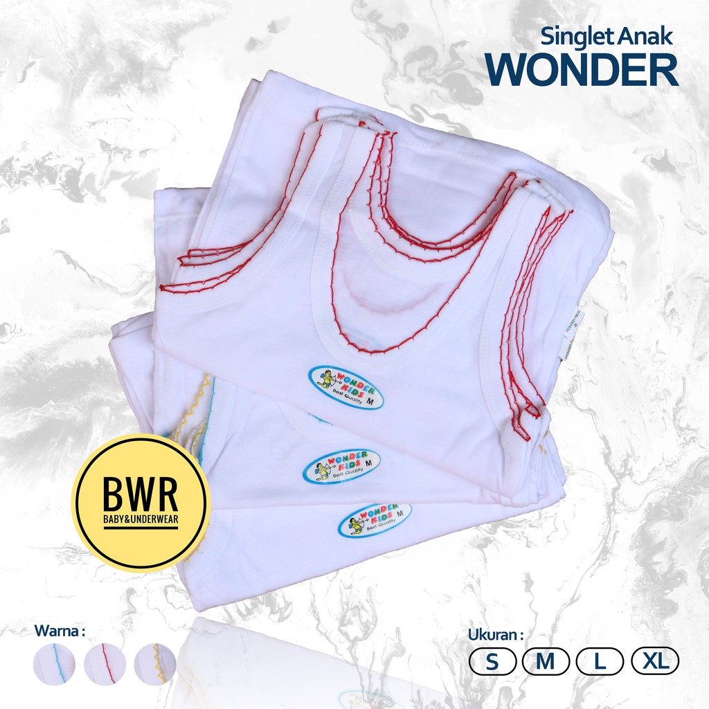 [ 6 pc ] Singlet WONDER KIDS | Kaos Dalam Anak List Warna 1-3 th / Bwr