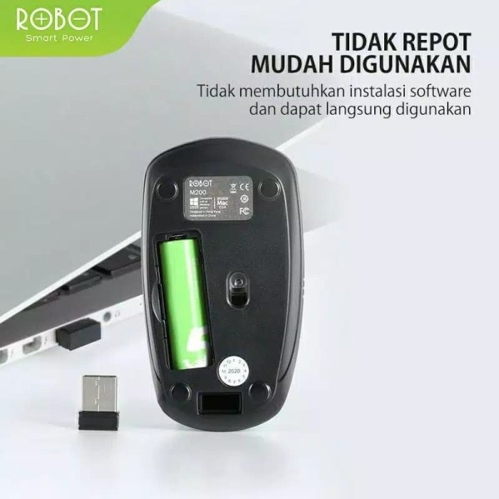 Robot M200 Wireless Mouse Silent Click Optical IC Chip 2.4GHz 1600DPI
