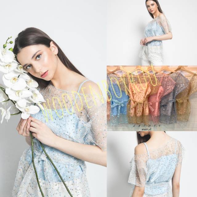 Glitter Pearl 2 in 1 Camisole Top fit S-XL party blouse blue peach pink grey gold hijau biru lebaran