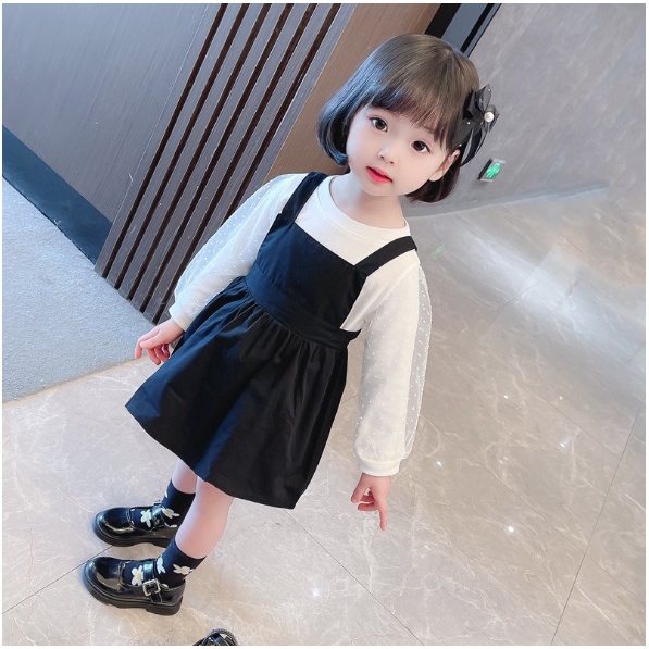 Dress tutu dress lengan panjang anak perempuan LENGAN RENDA HITAM KHAKI