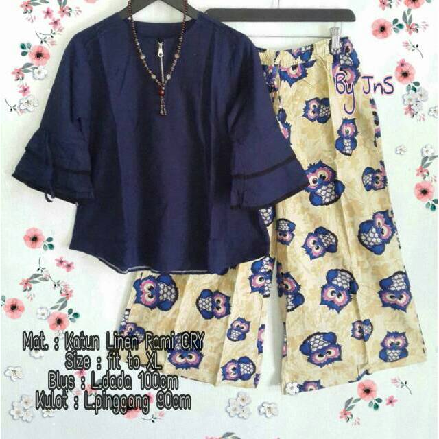 setelan kulot katun rami - set kulot masakini - setelan celana - baju dan celana kulot