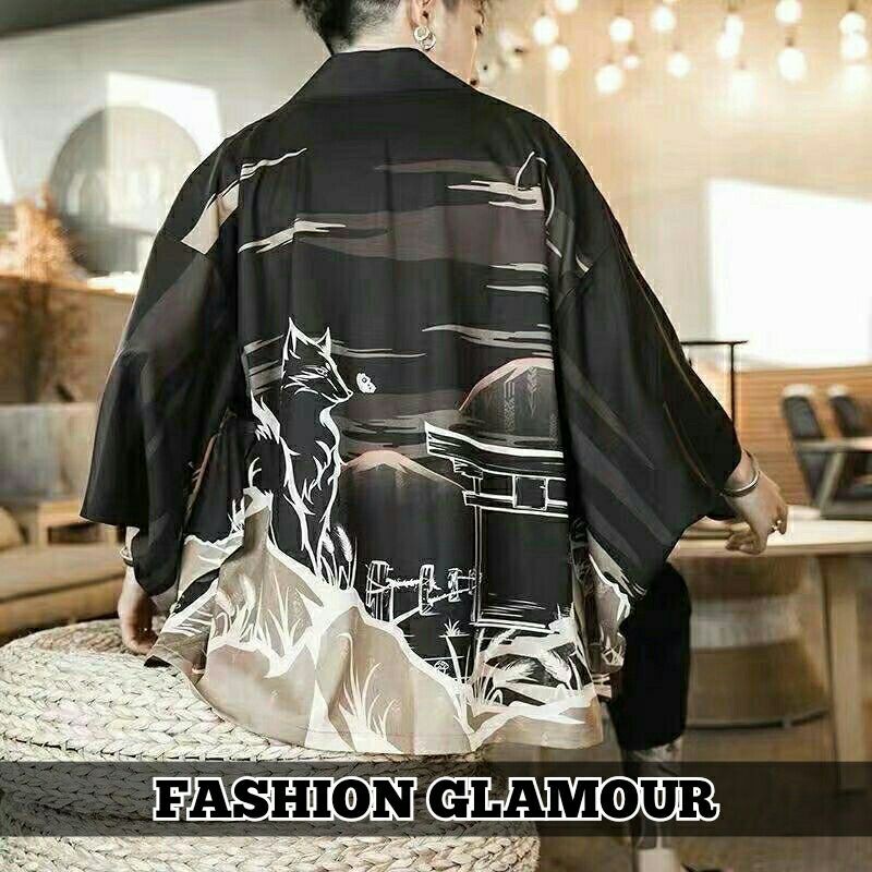 RE32 KIMONO HAORI IMPORT PRIA WANITA JEPANG ORIGINAL WOLF SERIGALA HANFU CARDINGAN