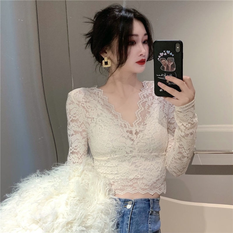 atasan renda import lace bottoming shirt women v-neck sexy mesh with foreign high-end small top shor