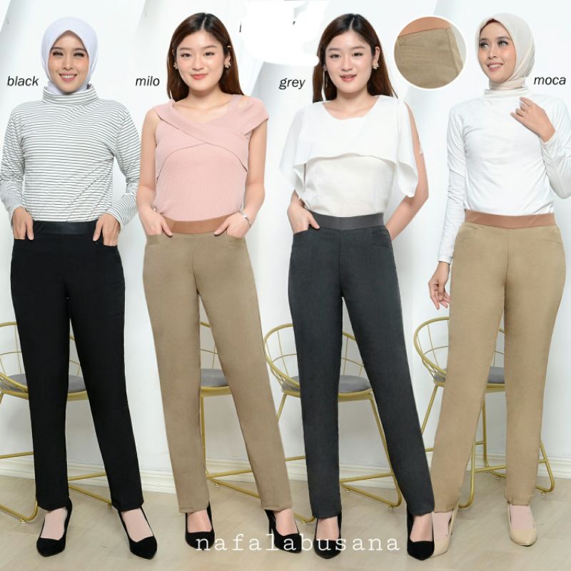 Celana Kerja Wanita Pinggang Karet  Bahan Import Srech/ Melar