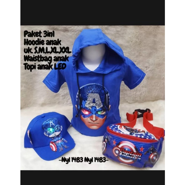 Baju kaos anak led hodie anak gratis topi dan tas selempang Termurah