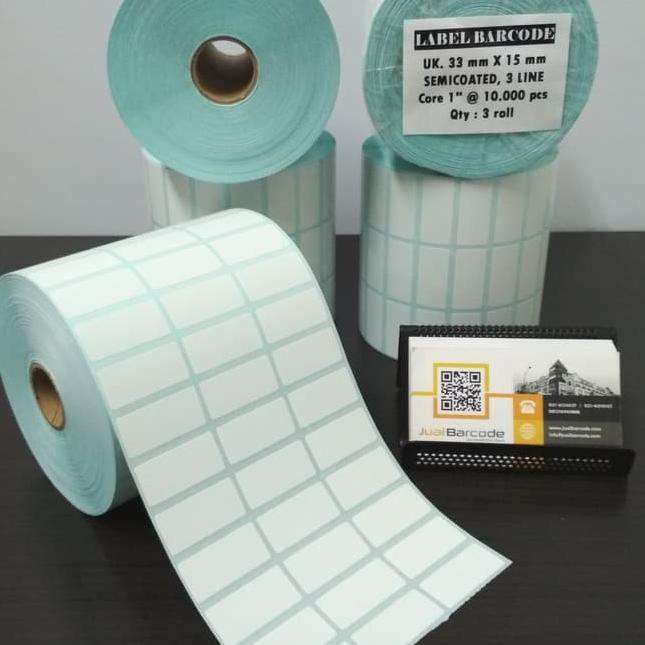 

_ TPH KERTAS STIKER PRINTER BARCODE 33 X 15 MM - 3 LINE - SEMICOATED ✰