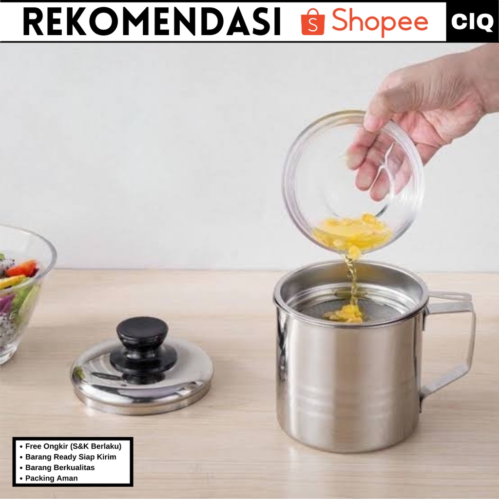 img Oil Pot Saringan Tempat Minyak Stainless Steel Set 1.2 liter - Saringan Minyak Goreng + Penutup Bahan Stenlis Steel / Oil Pot Saringan Tempat Minyak Stainless Steel Set 1.2 ltr