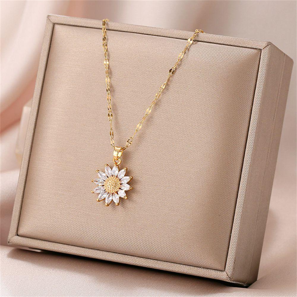 Top Sunflower Kalung Fashion Shiny Titanium Steel Boho Perhiasan Liontin Kristal