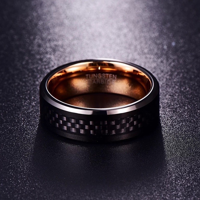 Cincin Pria Tungsten Carbide Original Premium Golden Black Carbon High Quality