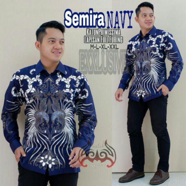 Semira Navy Kemeja Batik Pria Full Furing Katun Primisima