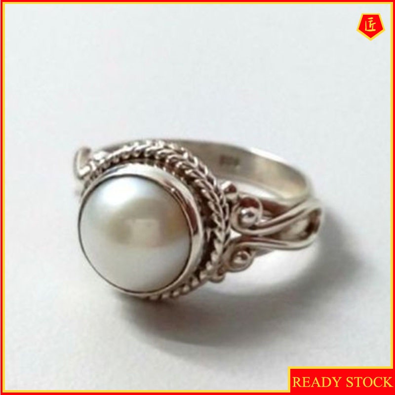 [Ready Stock]S925 Vintage Silver Inlaid Pearl Ring Fashion