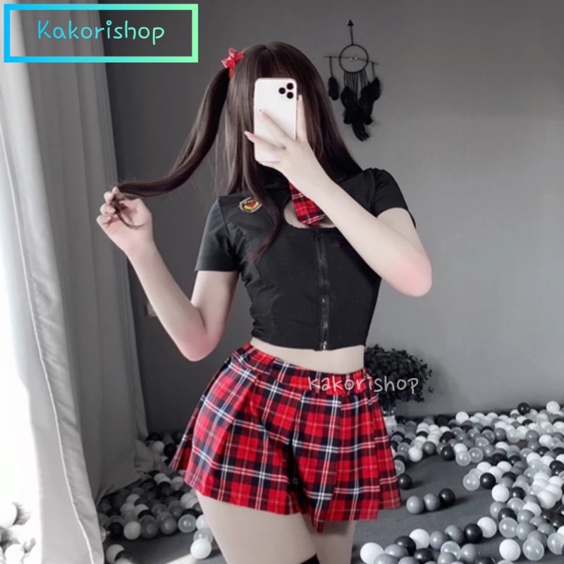 Kakori Rica Set Plaid Skirt Lingerie Seragam Sekolah Baju Dinas Seksi Peran Murid Pelajar Korea Baju