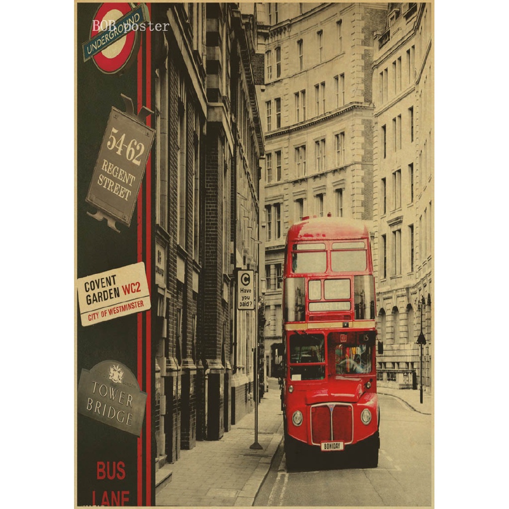 Poster Desain London Red Busses Dan Telepon Booths Gaya Retro Vintage Untuk Dekorasi Cafe Bar