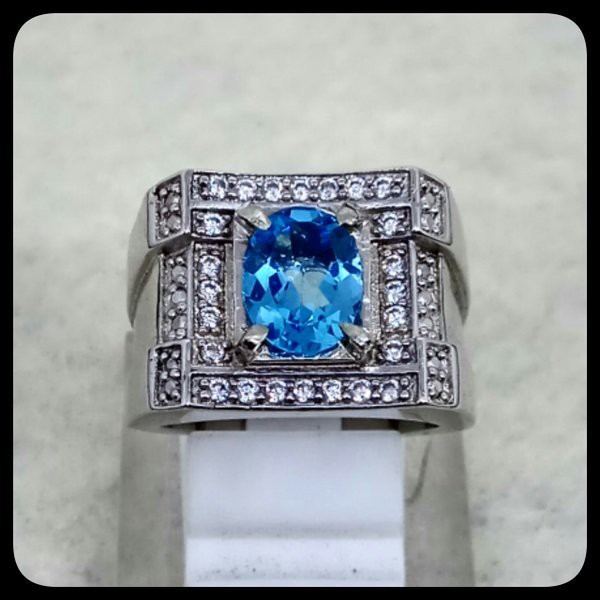 CINCIN BATU AKIK PERMATA NATURAL BLUE TOPAZ LONDON RING ALPAKA SUPER MEWAH GLAMOUR INDAH MEMPESONA