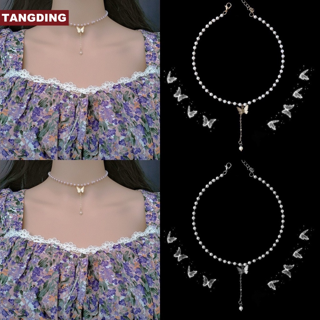 【COD Tangding】Retro Butterfly Pearl Necklace INS Gentle Girl Pearl Pendant Collarbone Chain Choker