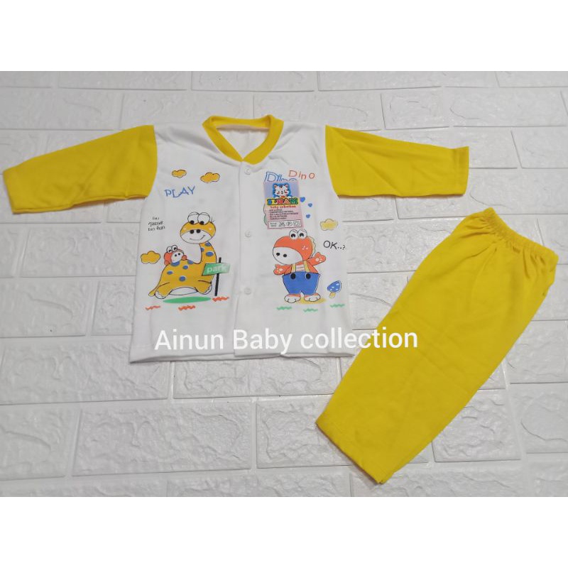 Setelan Baju Bayi Piyama Bayi Lengan Panjang Kancing Depan Motif Dino Usia 0-12 Bulan