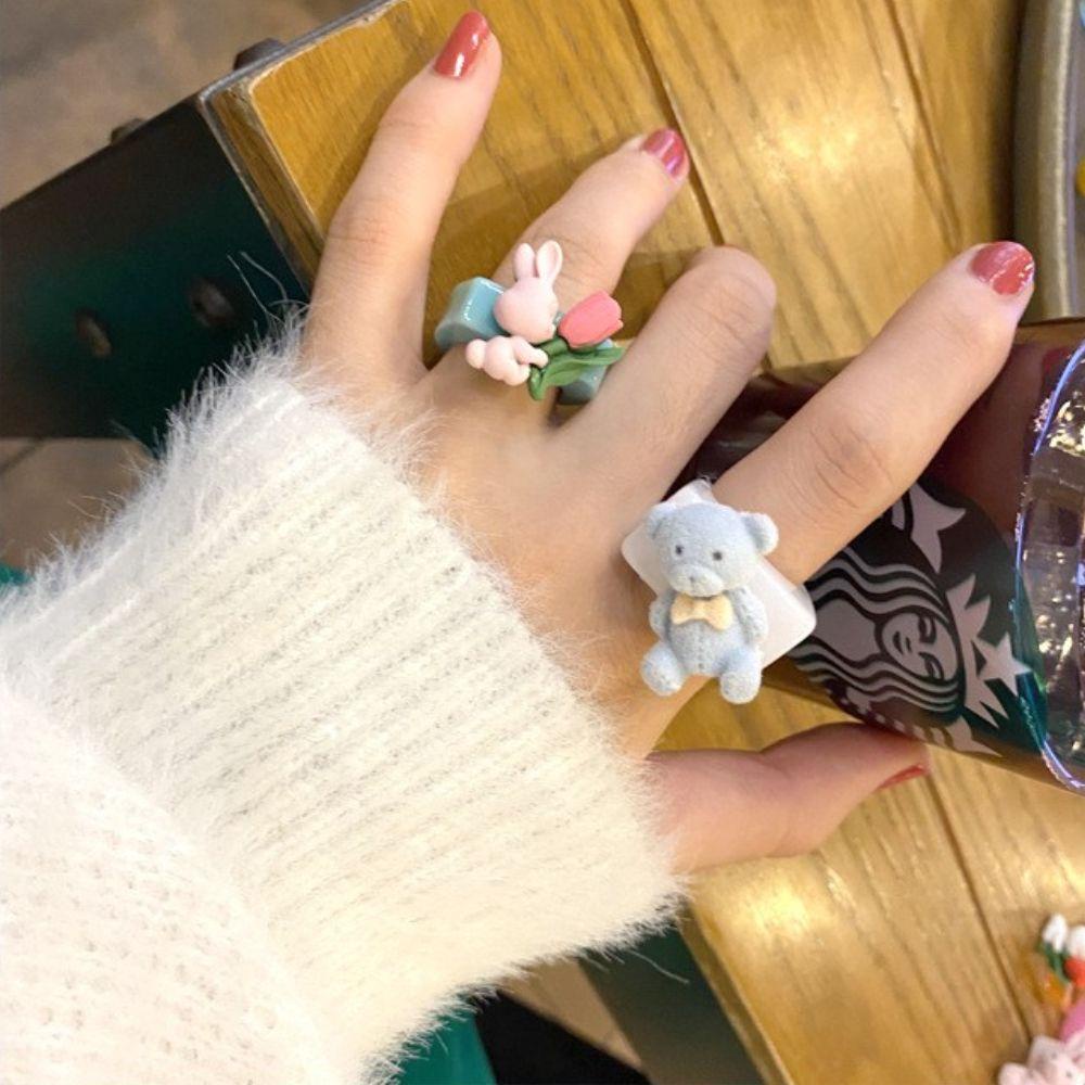 NEEDWAY Cincin Jari Lucu Manis Fashion Match Pesta Perhiasan Akrilik Vintage Gaya Korea Ring