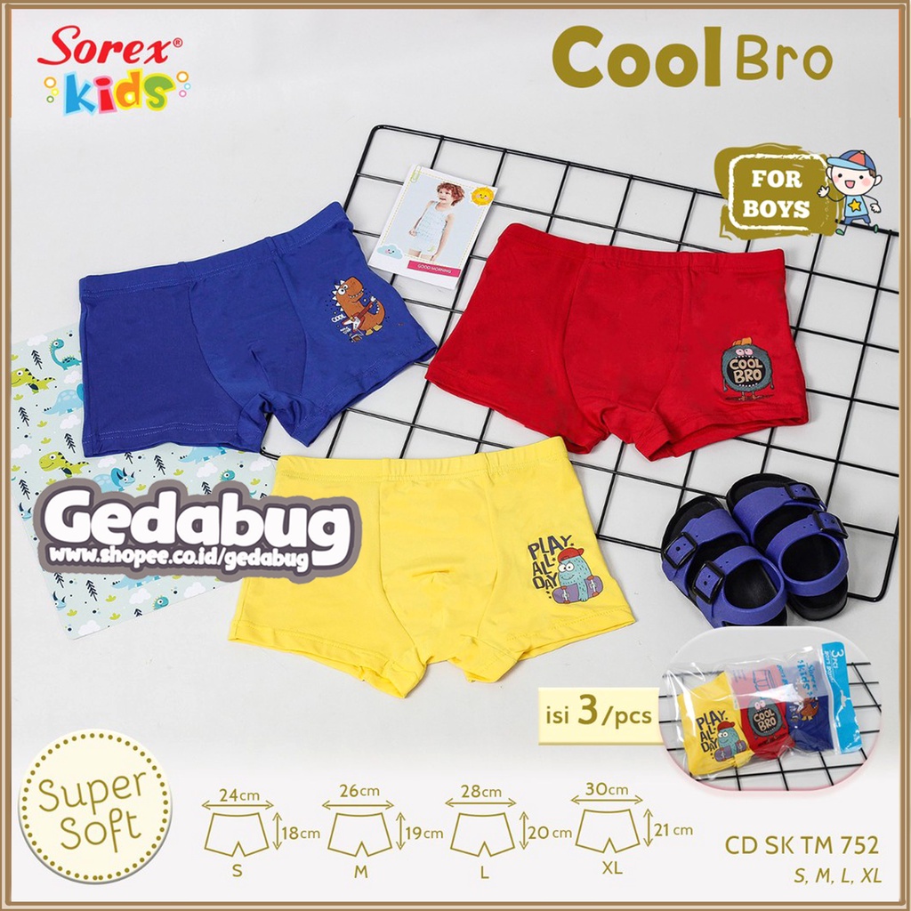 CD Boxer Anak Sorex Kids TM 752 | Celana Dalam Anak Motif Boy | Variasi Warna Merah Biru Kuning