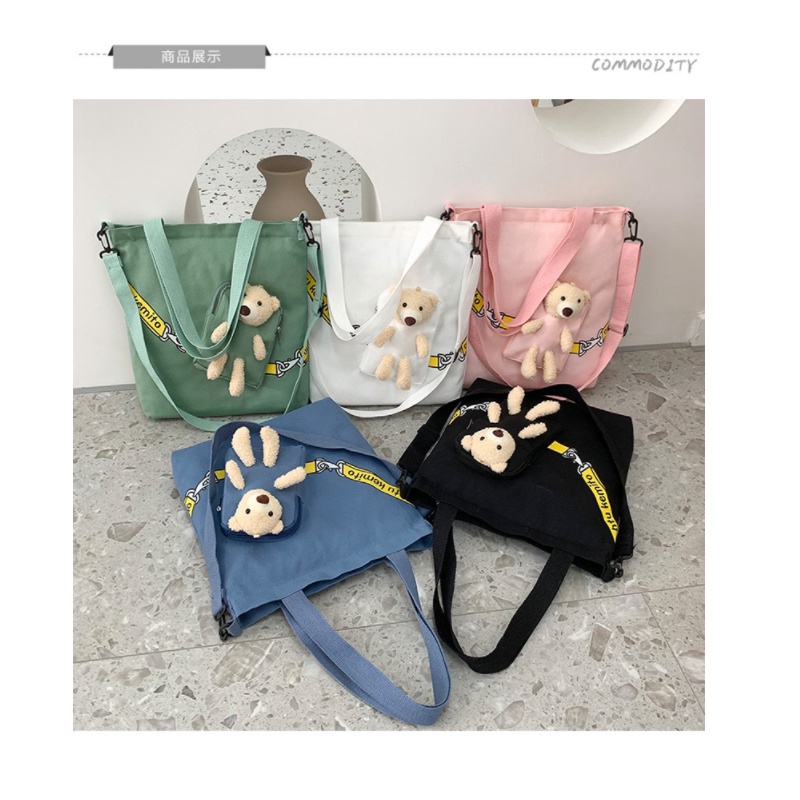 Tas Wanita Tote Bag Fashion Bahan Kanvas Cute Bear Desain Zipper Cross Body Shoulder