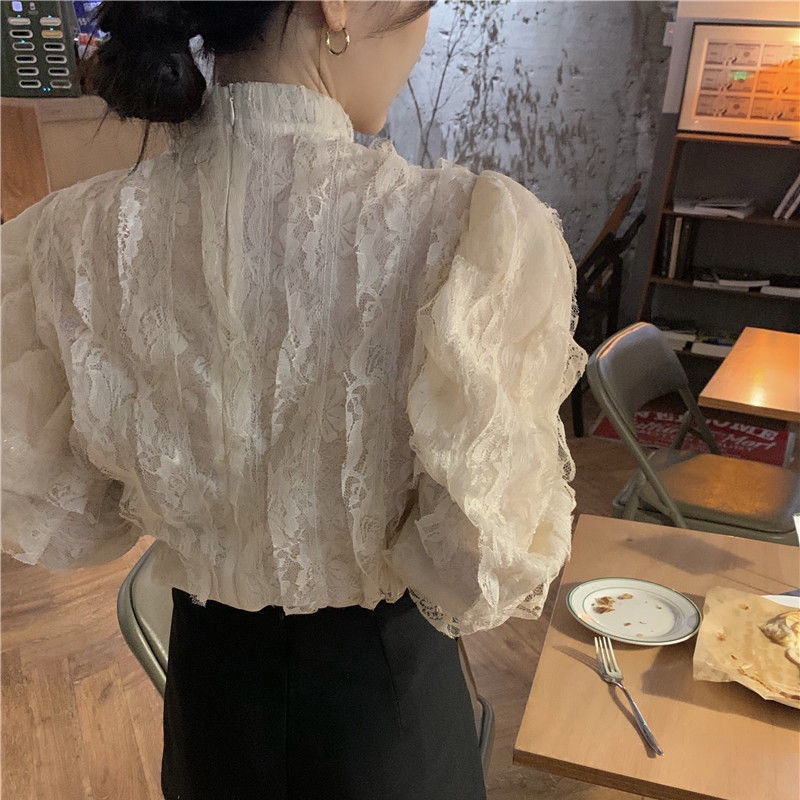 atasan renda import French retro stand collar lace shirt women s sweet and chic fairy top women