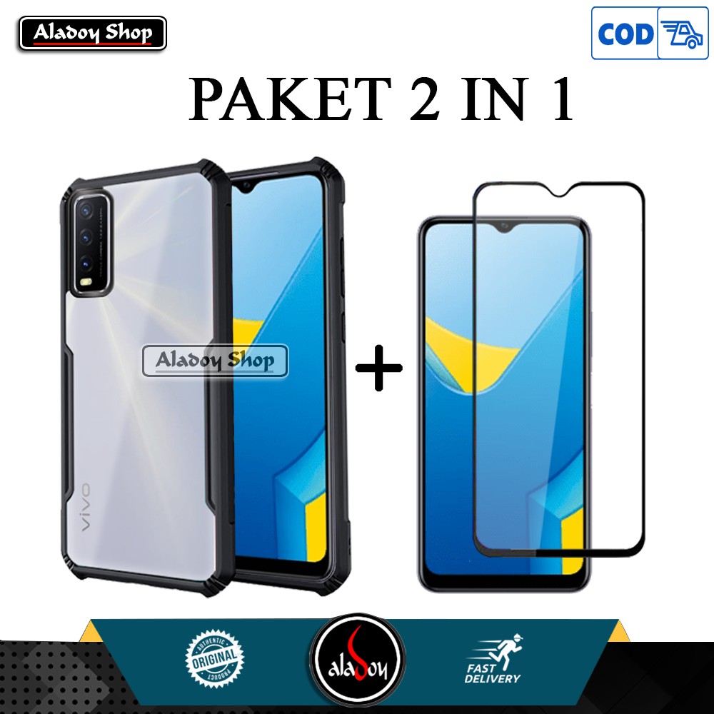 Case VIVO Y20i Hard Case Transparent Premium Casing + Tempered Glass Full Layar