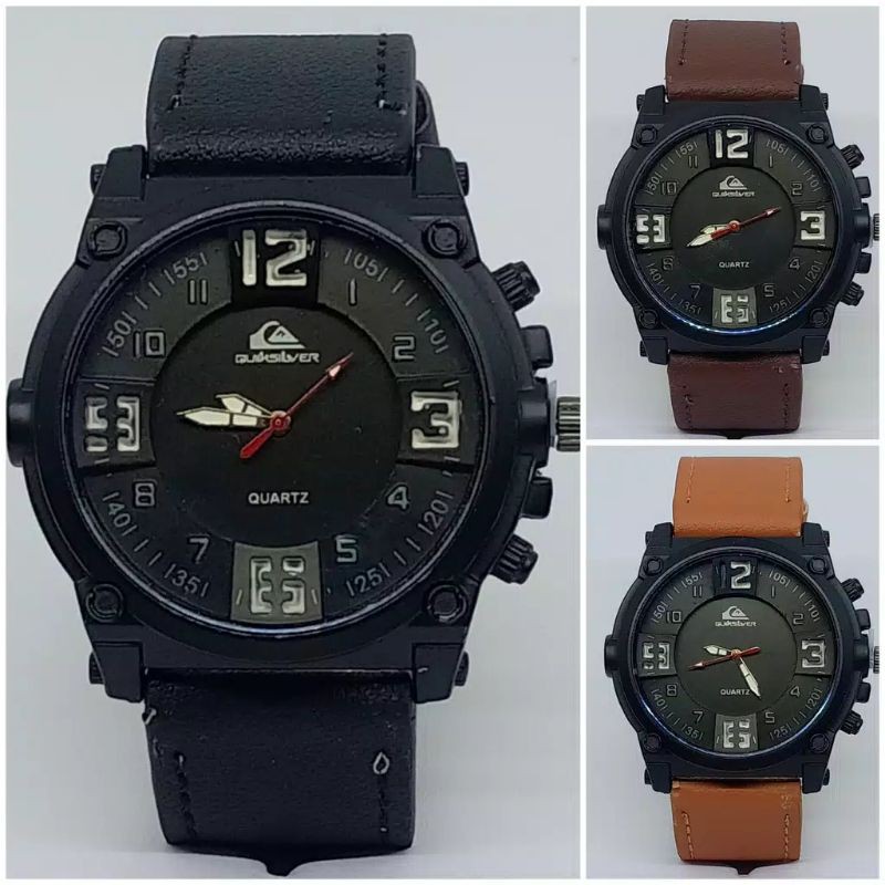 (Cod)Jam Tangan Pria QuickSilver Polos Strap Kulit(Dikirim Dari Jakarta Utara)