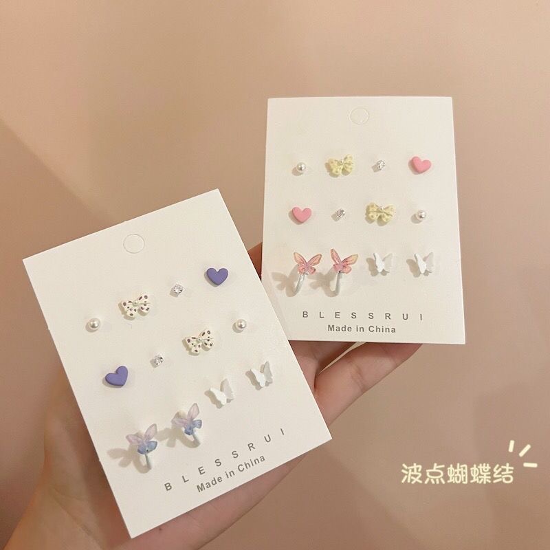 YEEZII 6 Pasang / Set Anting Stud Desain Butterfly Bow Heart Aksen Mutiara Kristal Untuk Wanita