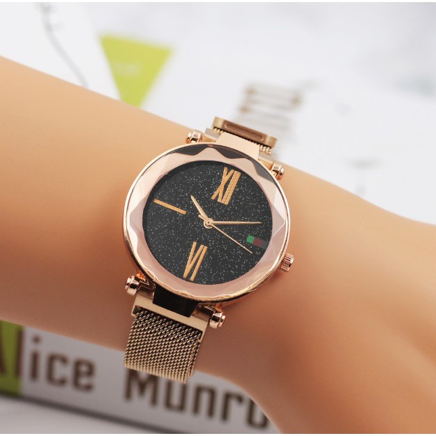 Jam Tangan Wanita Magnet Mesh Strap Quartz Starry Night Sky Stainless Steel Analog Women Watches