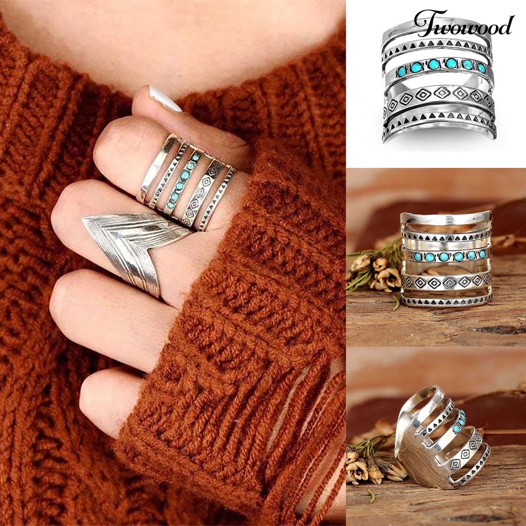 Twowood Multilayer Wide Turquoise Decor Women Ring Symbols Pattern Hollow Bohomia Joint Ring Jewelry Accessaries