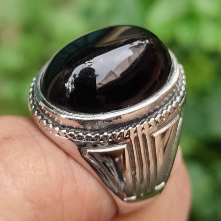 Cincin Batu Akik Kecubung Daun Hitam Tembus Hijau Ring Titanium