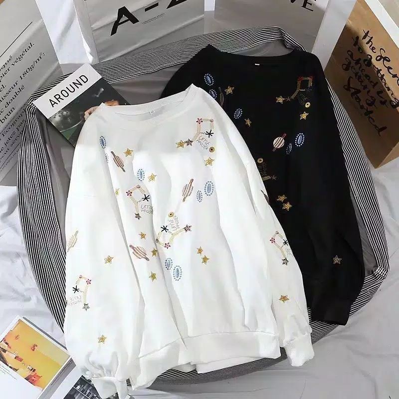 Sweater Jaket Outerwear Pakaian Wanita Oversize Korean Style Galaxy Planet Crewneck Oblong