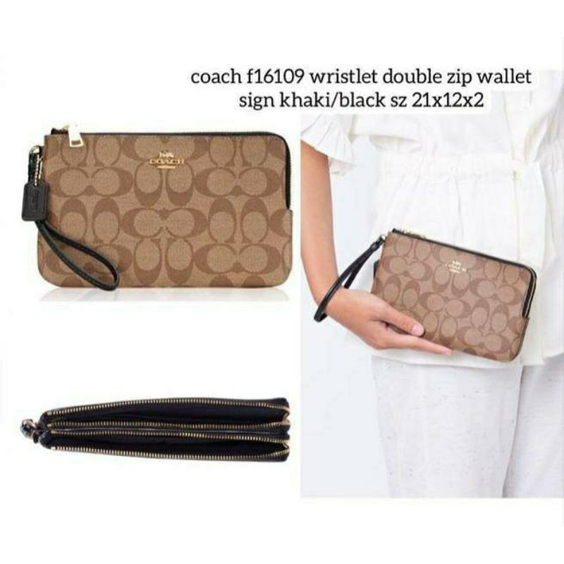 coach f16109 wristlet double zip wallet sig10n khaki/black